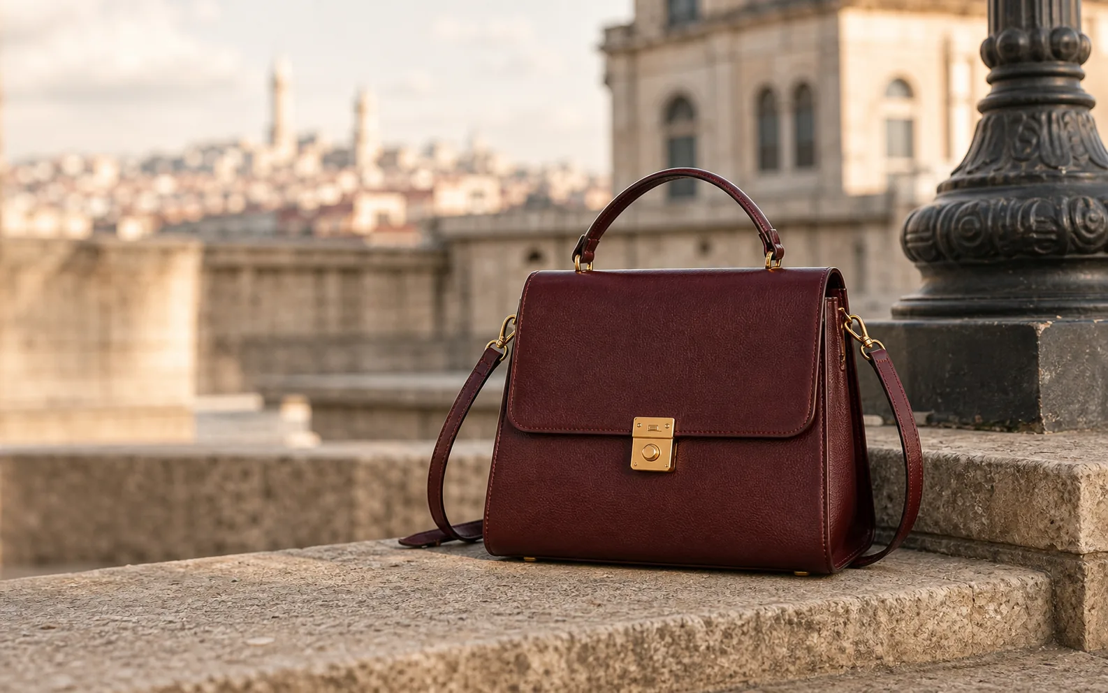 Taş basamak üzerinde logosuz bordo çanta
